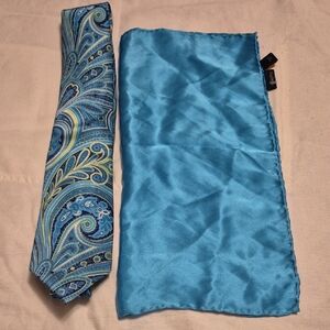 Geoffrey Beene Turquoise and Navy Paisley Silk Tie with Teal Pocket Square